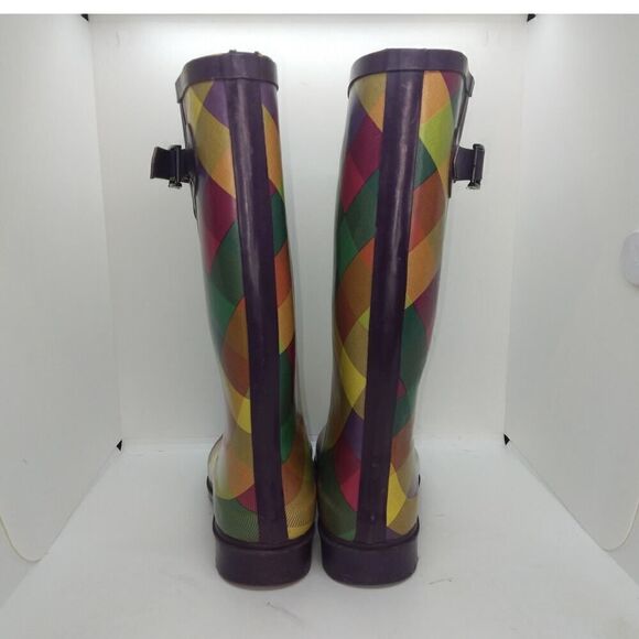 Merona Designer Womens Pre-owned Plaid Green/Yellow/Red Rain Boots - sz. 7 - Picture 5 of 6